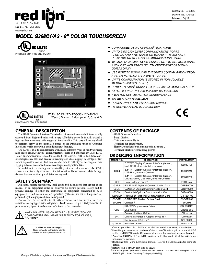 First Page Image of G308A210 Red Lion G308C1 A2 Product Manual - G308C-G.pdf
